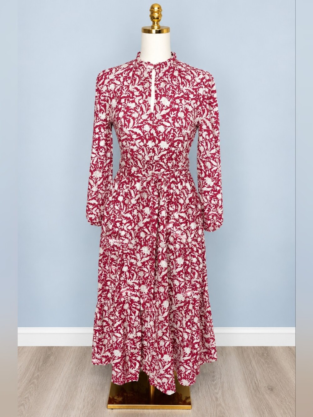 Anna Cate XS Red Floral Cotton Maxi Dress Belted Boho Tiered